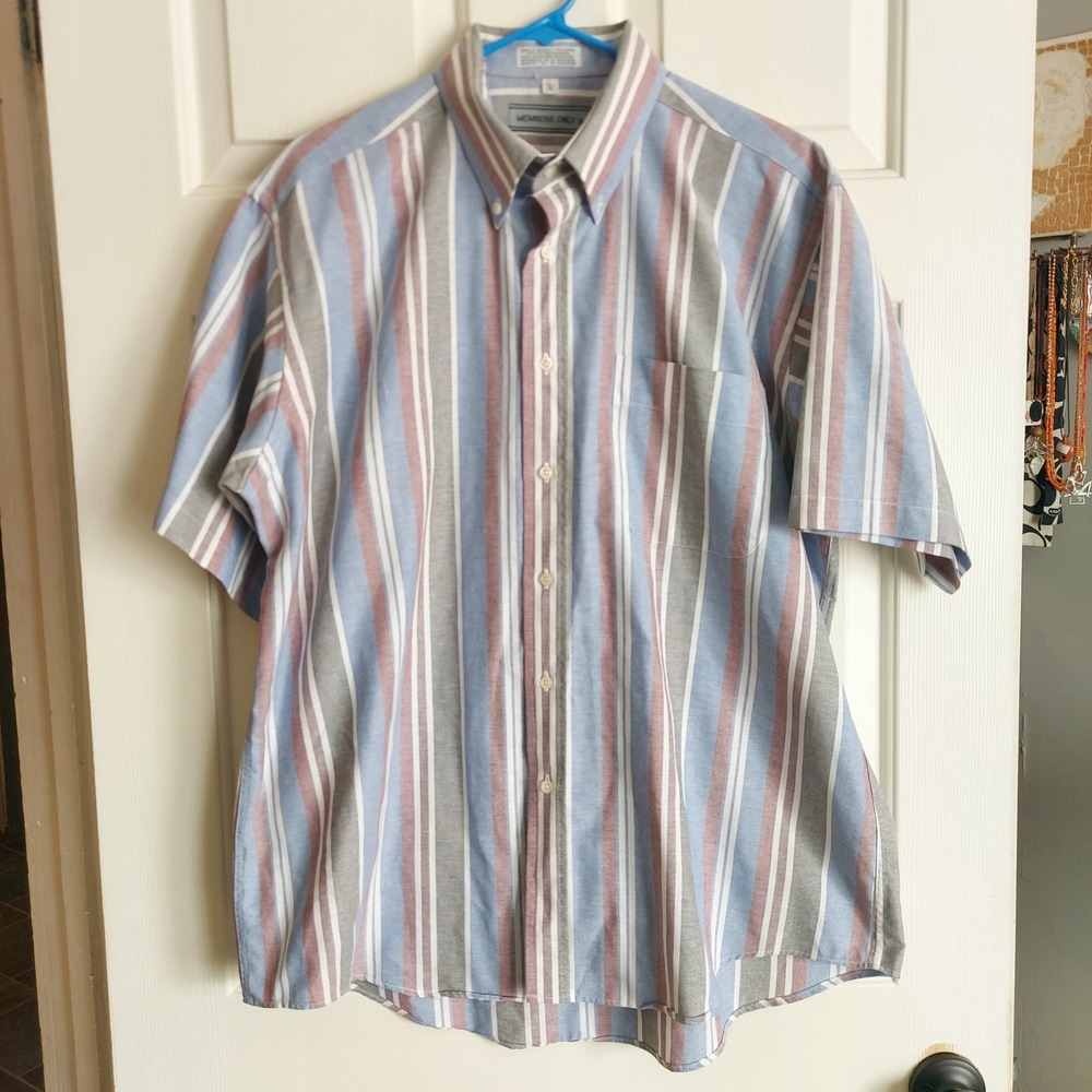Members Only Large Short Sleeve Striped Button Down Shirt Blue Grey Red L 90s